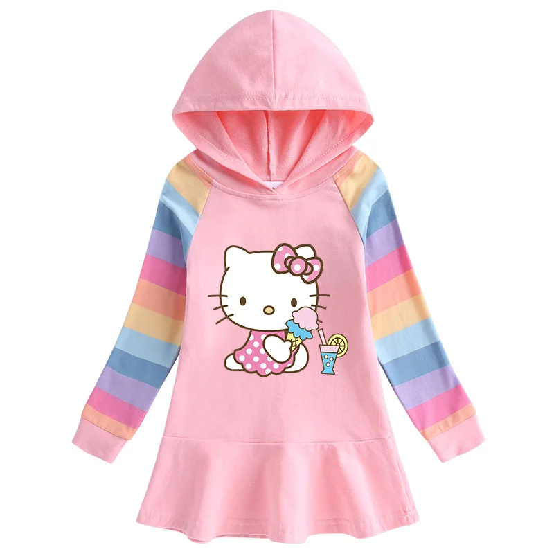 thumbnail image 1 of Hello Kitty-vestido con estampado de dibujos animados para niña, suéter con capucha de manga larga de arcoíris de algodón puro, falda de princesa dulce, primavera y otoño, 1 of 5
