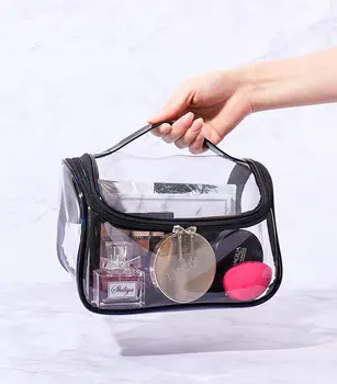 

Convenient Transparent Clear PVC Cosmetic Hand Bag, featured with laser Colorful Handle and Piping