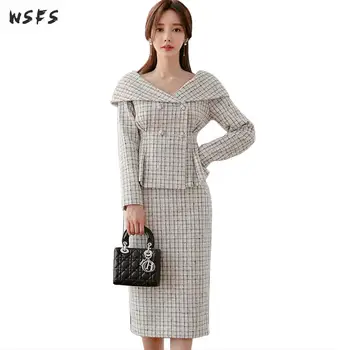 

2 Pieces Sets Spring Dress Grey Plaid Blouses Tops Turndown Women Dresses Bandage Midi Pencil Skirt Sexy Office Suits Clothes