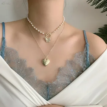 

AOMU 2020 New French Simple Clavicle Chain Freshwater Pearl Butterfly Love Heart Pendant Short Necklace for Female Girls Jewelry