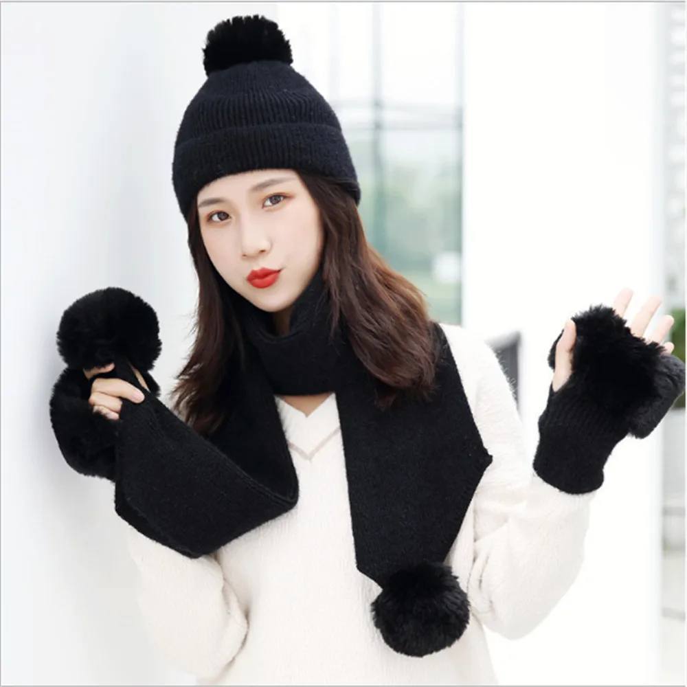Шарф шляпа перчатки Комплект женские зимние аксессуары женские шапки дышащий теплый шарф костюм модный женский зимний теплый костюм