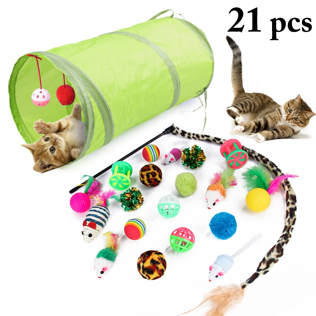 Cat Toy 21Pcs/Set Pet Kit Collapsible Tunnel toy Fun Bell Feather Mice Shape Kitten Dog Interactive Play Supplies | Дом и сад