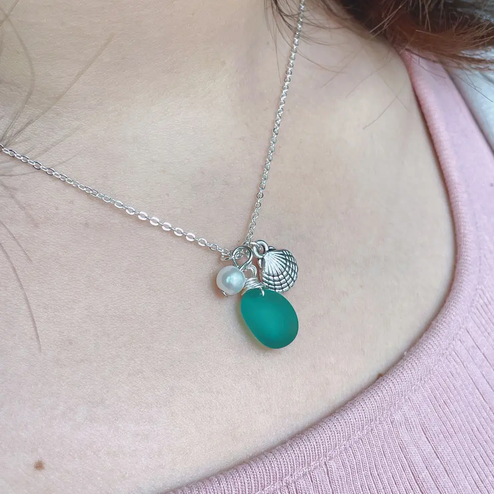 Sanlan Wire wrapped sea glass necklace with cards Beach Lover Gift 6