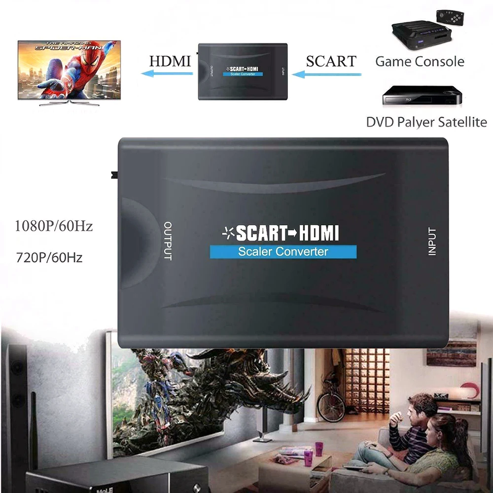 Из scart в HDMI конвертер 1080P Аудио Видео высококлассные конвертер адаптер для HD ТВ DVD для Sky Box СТБ Plug and Play с блоком питания постоянного тока для кабеля