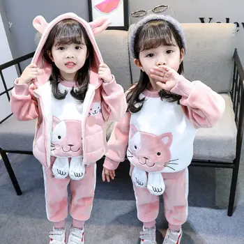 

Kitty Baby Girls Clothes Set Winter Thick Plush Warm Clothing Sets For Baby Girls Hoodies +Pants Kids Suit Children Clothing
