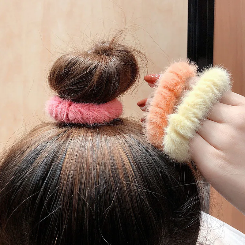 Fashion Fur Ponytail Holder Headband Sweet Plush Hairbands Girl Colorful Women Soft Elastic Scrunchies Rubber Hair Accessories