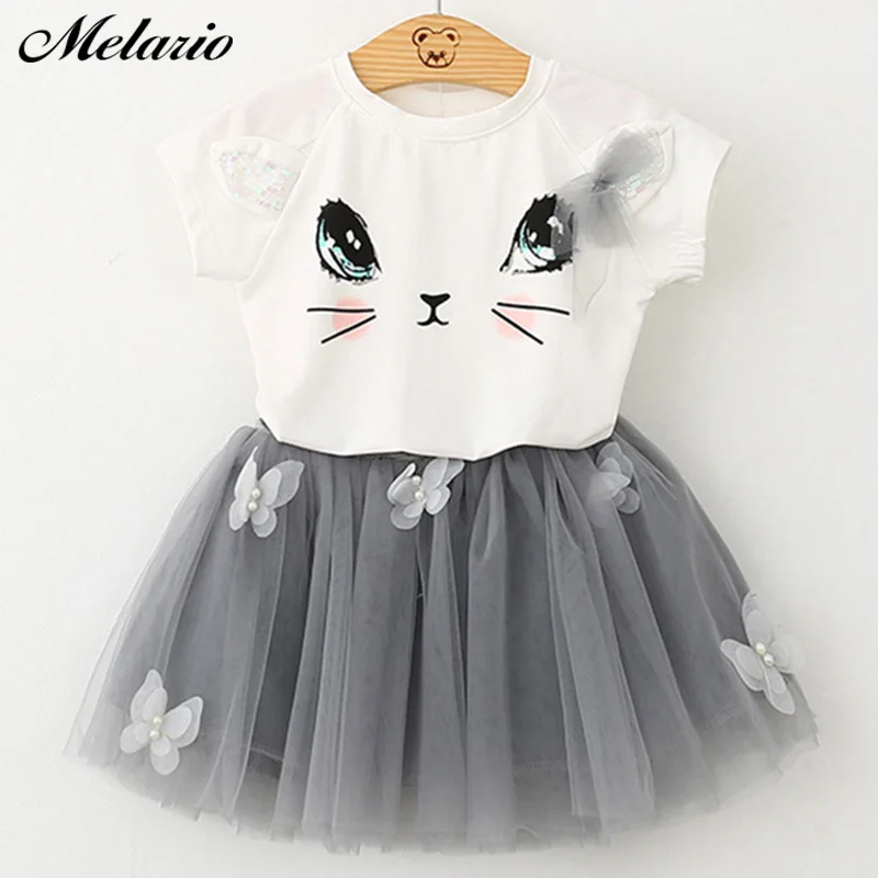 

Melario New Little Girls Dresses Summer Baby Girl Clothes Kids Clothing Cartoon Cat Short Sleeve Dress Casual 2PCS Girls Suits