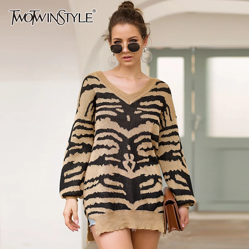 TWOTWINSTYLE Print Knitting Women's Sweater V Neck Lantern Sleeve Pullovers Oversize Sweaters Female 2020 Autumn Fashion Tide | Женская