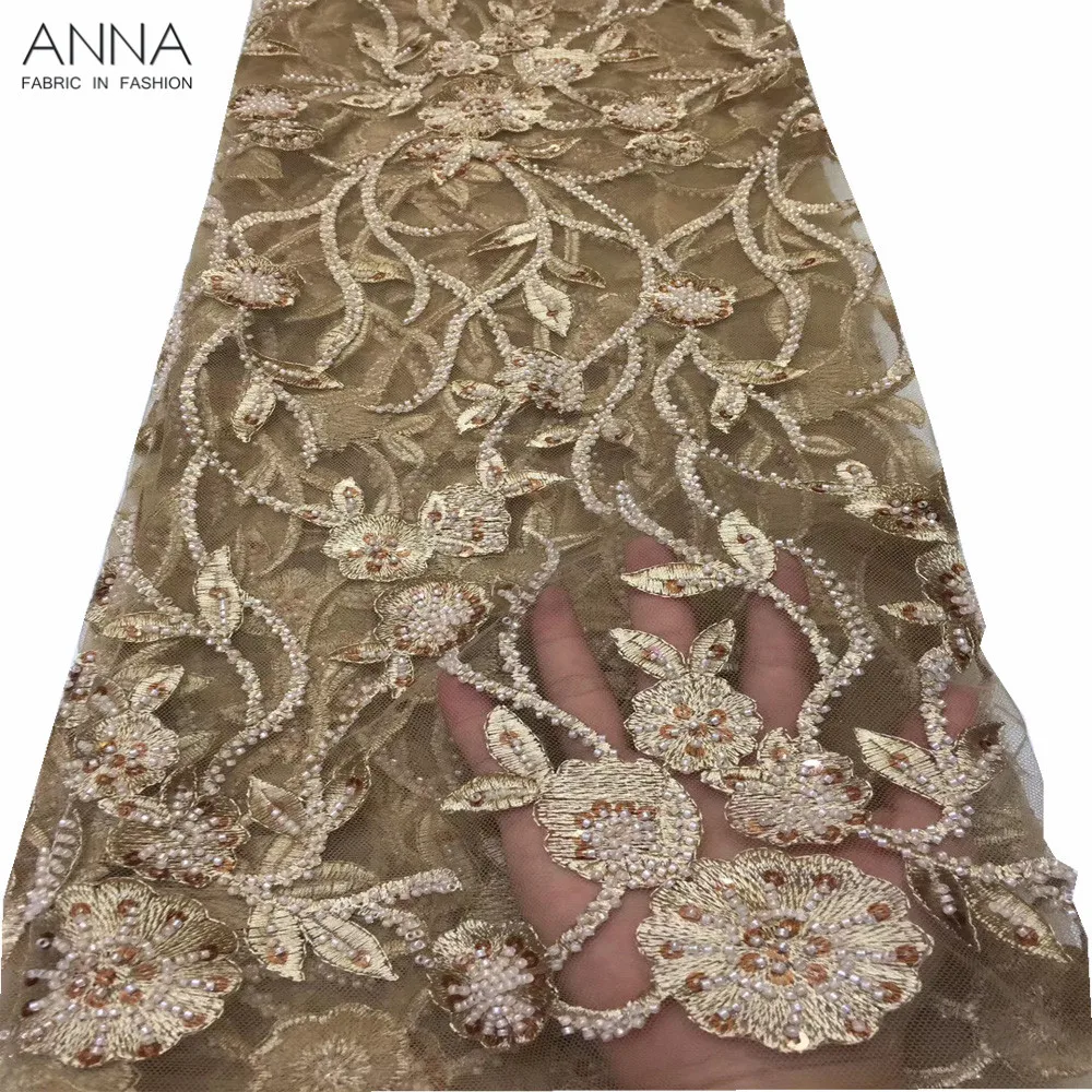 

Heavy Handmade Beaded Lace Tulle Fabric African Embroidery Golden Net Lace Fabric With High Quality French Mesh Lace For Party