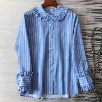 

Ruffle peter pan collar women shirt 2020 spring summer new long sleeve stripe lady shirt tops