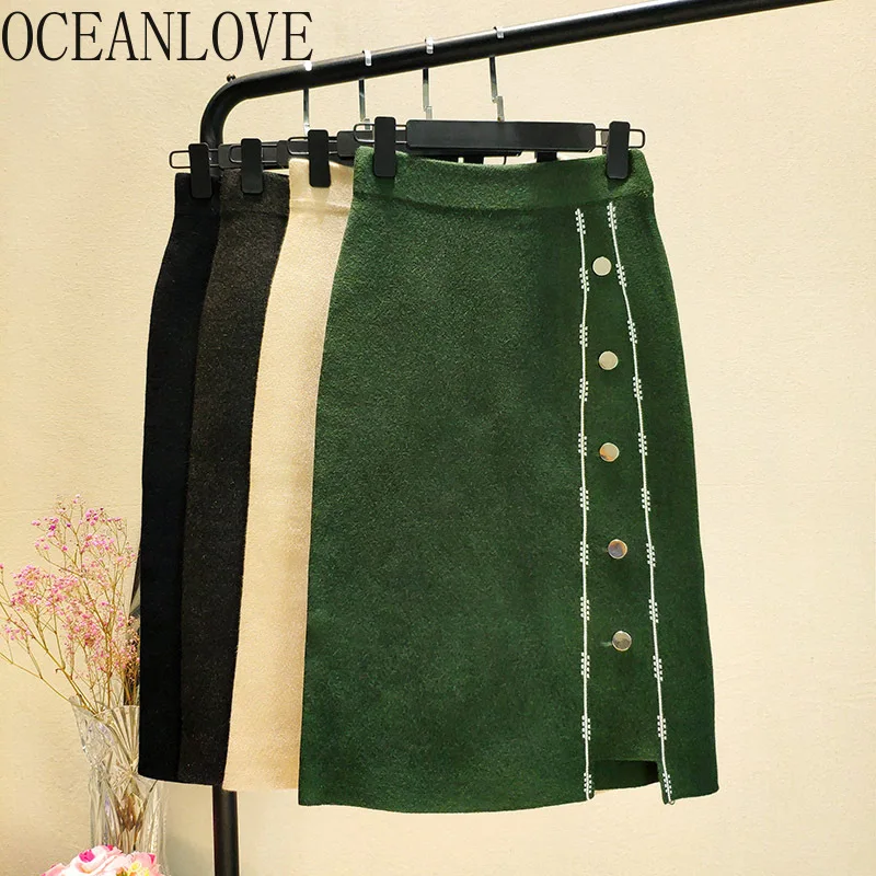 

OCEANLOVE A-line Women Skirts Solid Work Fashion Knitted Mini Skirts Autumn Winter Sweet Elegant Button High Waist Bottoms 12879