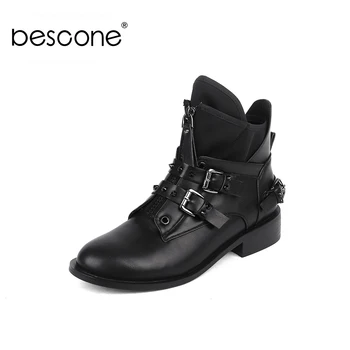 

BESCONE Mid-Calf Boots Women Winter Handmade Round Toe Warm Square Heel Shoes Fashion Metal Decoration Black Women Boots BY135