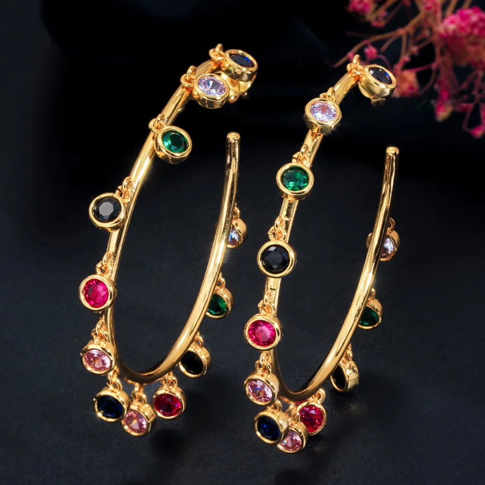 ThreeGraces модные несколько круглых панк радужных CZ очаровательные серьги золотого цвета большой круг обруч люстра серьги для женщин ER335
