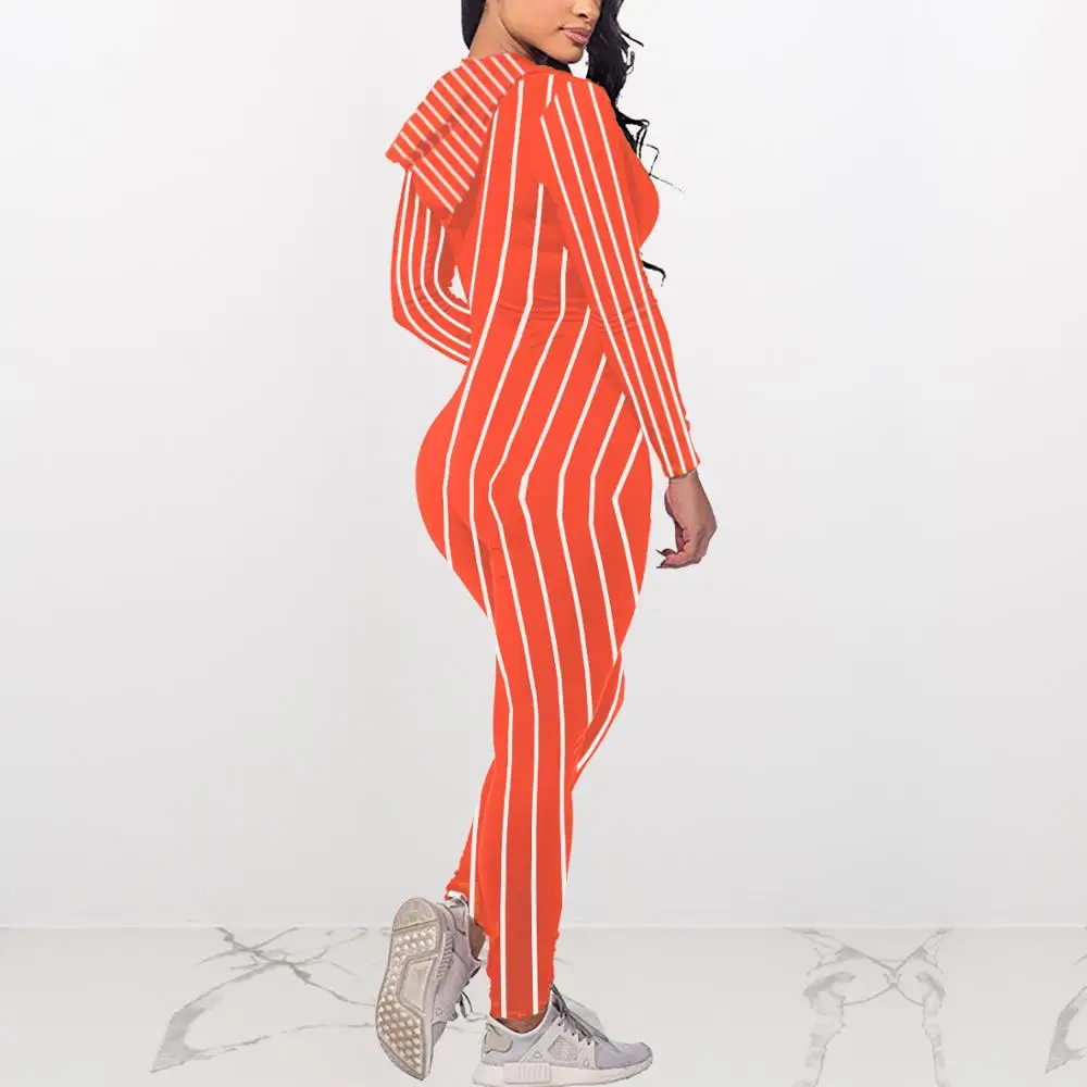 Casual Hooded Jumpsuit Striped Open Up Long Sleeve Bodycon Rompers Womens Jumpsuit Femme Autumn Winter Plus Size S-XXL