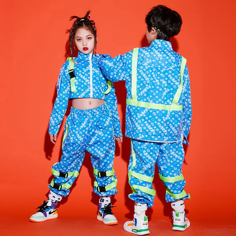 Girl Dance Costume Children Costumes Kids Hip hop Costume Girls Jazz Dance Tops Pants Blue Set Loose Street Dance Clothing For Boys Show Stage Outfit Wear BL5128