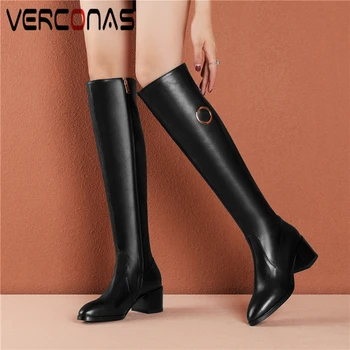 

VERCONAS Autumn Winter Concise Women Knee-High Boots Genuine Leather Winter Metal Decoration Shoes Woman Zipper Basic Long Boots