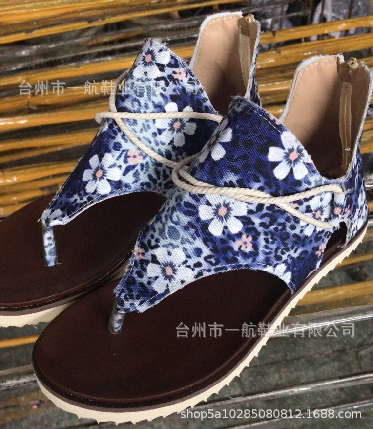 Casual Women's Sandals Plus Size Sunflower Printed Beach Shoes Summer Female Anti-fall Flat Flip Flops Back Zipper Sandals