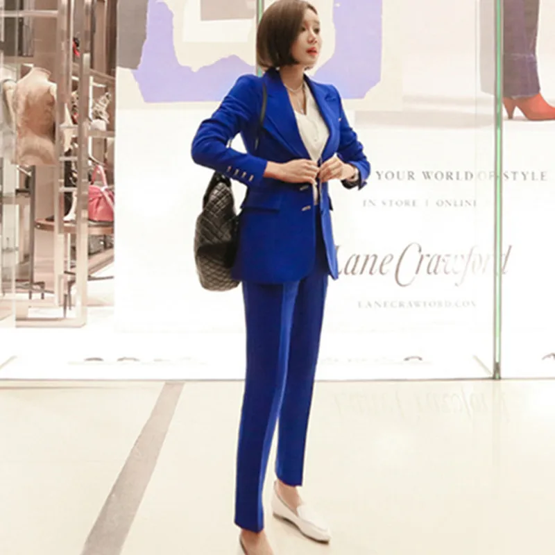 

2020 Runway Women's 2-Pieces Autumn Elegant Blue Fashion Single-Breasted Bussines Office Lady Blazer Trousers Suit