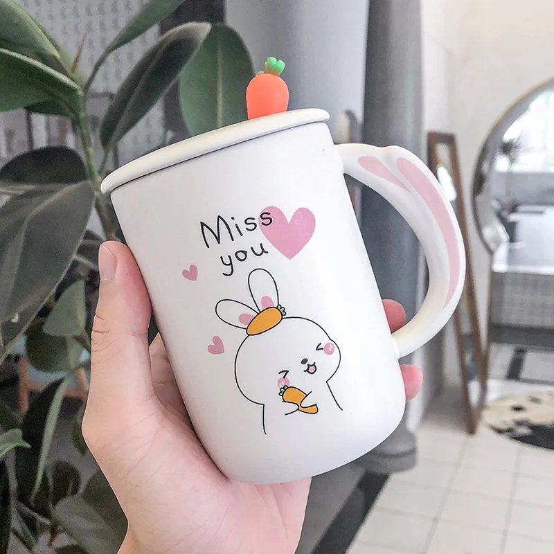 01 Творческий мультфильм редис кролик кружка с крышкой и ложкой, керамическая кружка молоко чай кофе чашка фарфоровая кружка посуда для напитков подарки - Цвет: 01