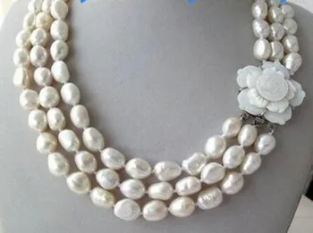 

3 Strands 9-10White Baroque Freshwater Pearl Necklace Shell Flower Clasp