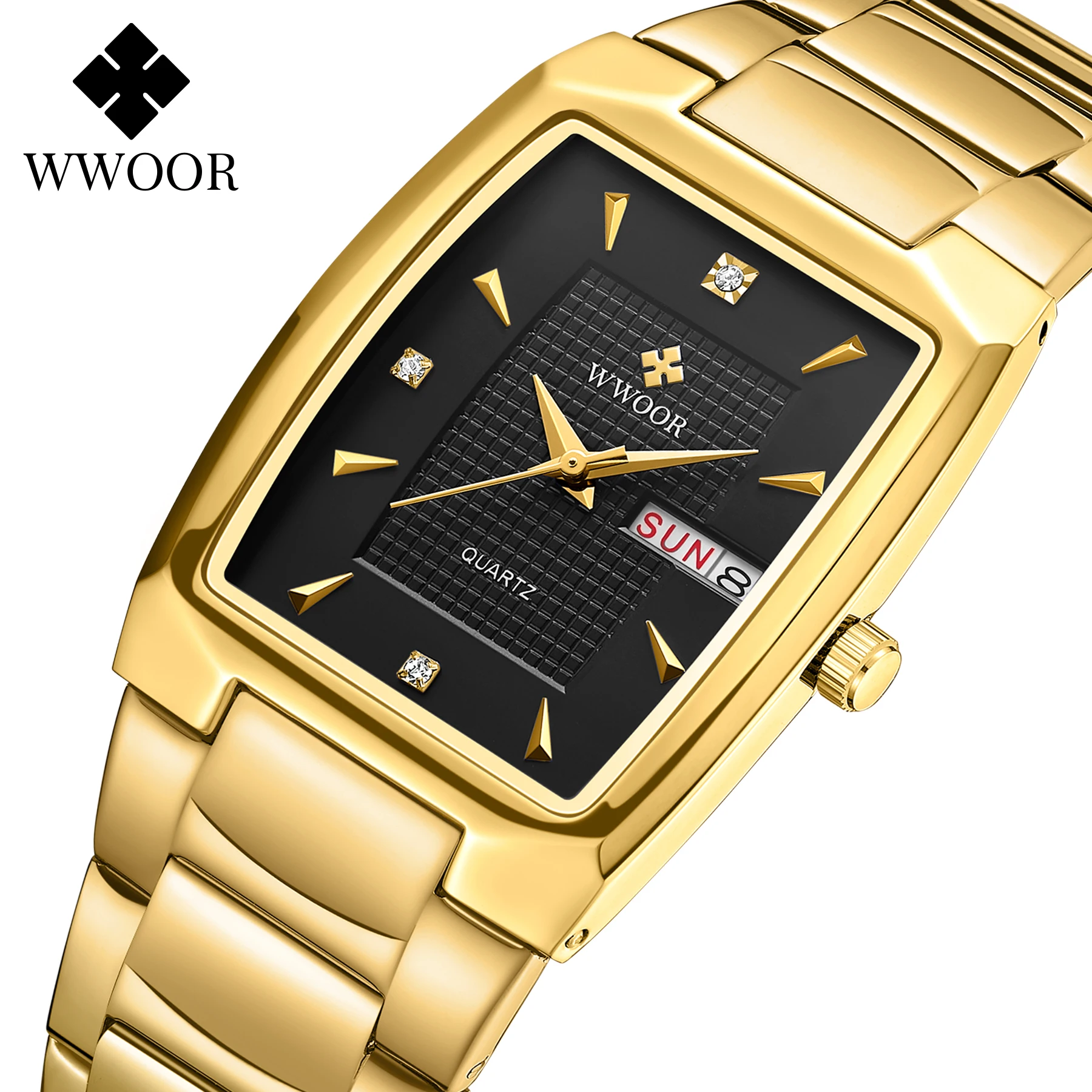 Watches Men WWOOR Brand Casual Simple Men's Quartz Clock Rose Gold Square Waterproof Week Display Wristwatches Relogio Masculino