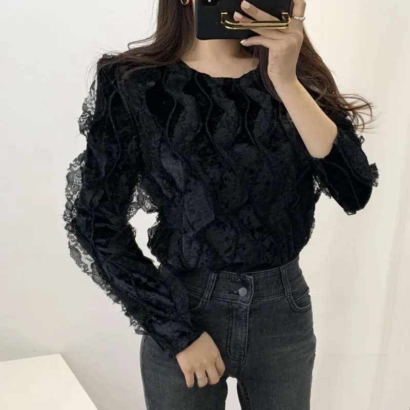 black womens shirt RICININA, кружевная блузка для женщин, круглый вырез, длинный рукав, оборки, однотонный, корейский стиль, женские рубашки, весна, Повседневная Блузка, женская рубашка - Цвет: black womens shirt