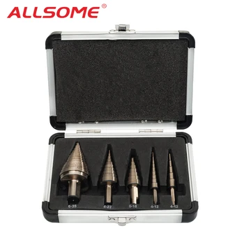 

ALLSOME 5pcs Metric Hss Cobalt Step Drill Bit Set Multiple Hole 50 Sizes with Aluminum Case