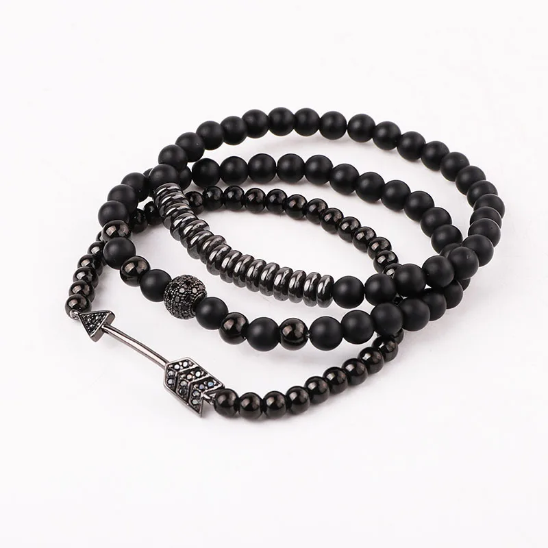 New Fashion Natural Stone Matte Onyx CZ Pave Arrow Ball Charm Beads Elastic Bracelet Set For Men - Image 2