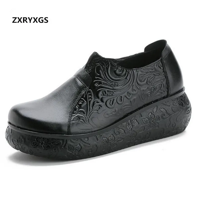 

2019 Bestselling Autumn Embossing Cowhide Leather Shoes Fashion Casual Shoes Increased Thick Bottom Wedges Women High Heel Shoes