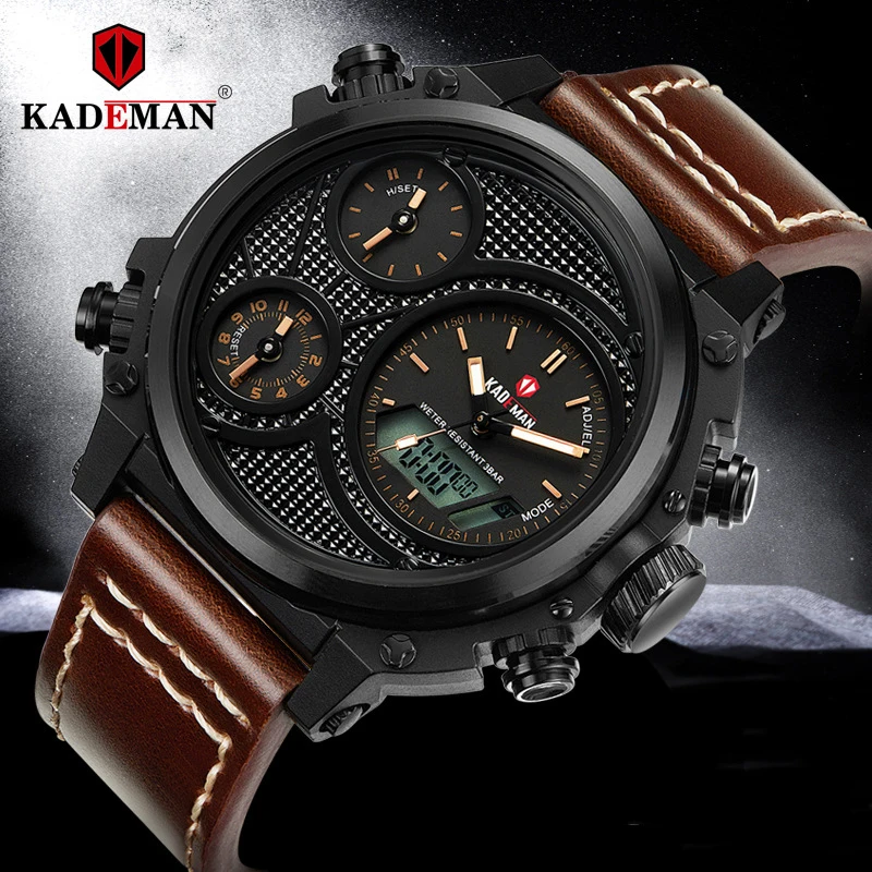 

KADEMAN Top Brand Men Watch Military Sports Quartz Watches LED Digital Display Waterproof Leather Wristwatches Relogio Masculino