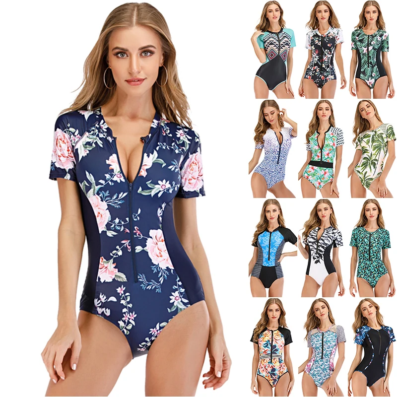

2021 New Short Sleeve Rash Guard Women Floral Patchwork Wet Suit Front Zipper Surfing Suit S-2XL Girl High Neck One Piece Suit