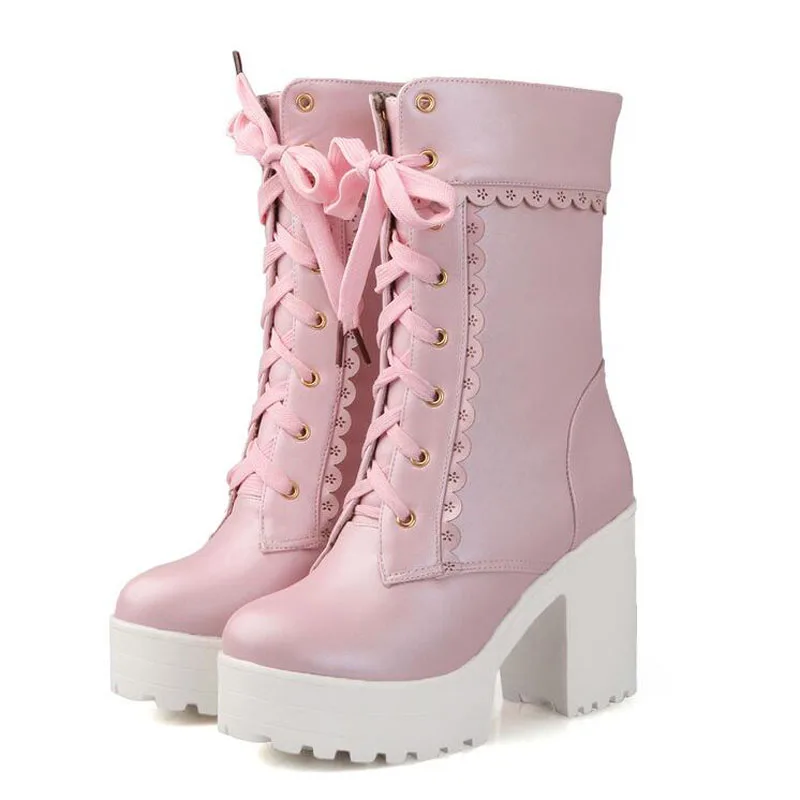 

(33~43) New 2020 Spring Autumn Pink White Black Lolita High Heel Student Shoes Sweet Lady Cosplay Platform Short Boots T3-670