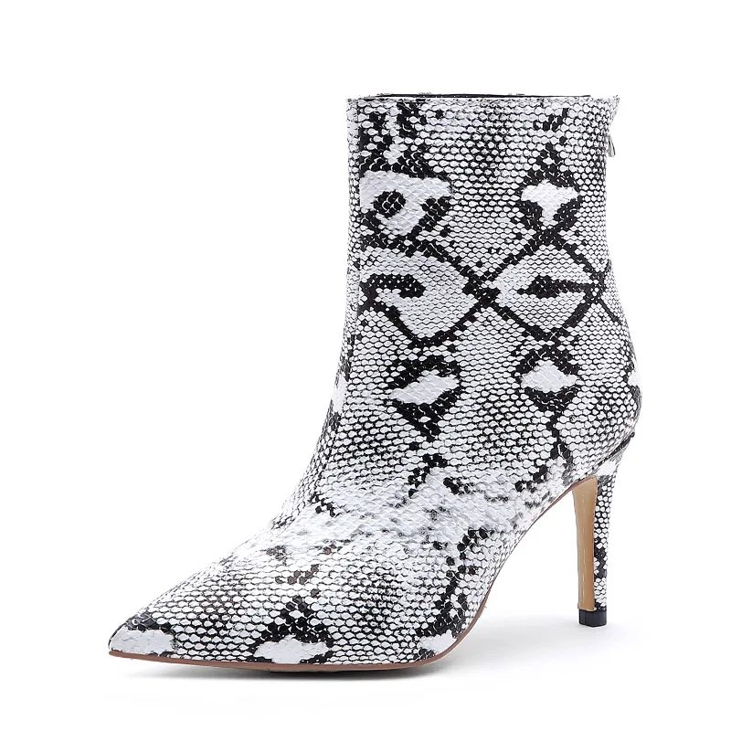 WETKISS/красочная змея; ботильоны из искусственной кожи; женские ботинки на высоком каблуке; обувь для вечеринок; женская обувь с острым носком; женская зимняя обувь; большие размеры 45 - Цвет: Белый