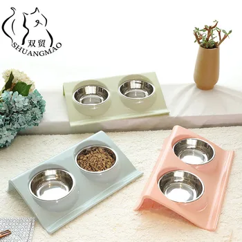

SHUANGMAO Pet Cat Double Bowls Food Water Feeder Stainless Steel Food Bowl for Dog Puppy Cats Pets Supplies Feeding Dishes S/M