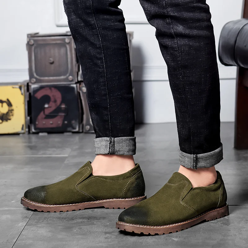 Ifrich Designer Sneakers For Men Slip On Leather Man Casual Shoes Army Green Vintage Working Shoes Fashion Male Business Shoes