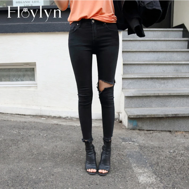 FLOYLYN, летние, нестандартные, стрейчевые, рваные, с дырками, джинсы, для женщин, обтягивающие, с кисточками, высокая талия, брюки Капри, Женские джинсы-карандаш