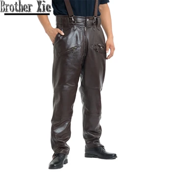 

Brown Mens Luxury Cowhide Trousers Plus Size Loose Genuine Real Leather Pants Man Zippers Motorcycle Riding Pants Winter Warm