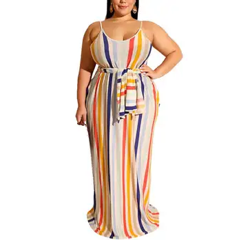 

Women Vintage Stripe Print Spaghetti Strap V-Neck Loose Maxi Dress Casual Beach Floor Length Long Dresses Vestidos