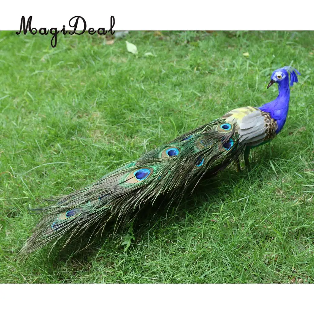 MagiDeal long tail beautiful feathered artificial peacock bird model large 50cm peacock handicraft prop home garden decoration