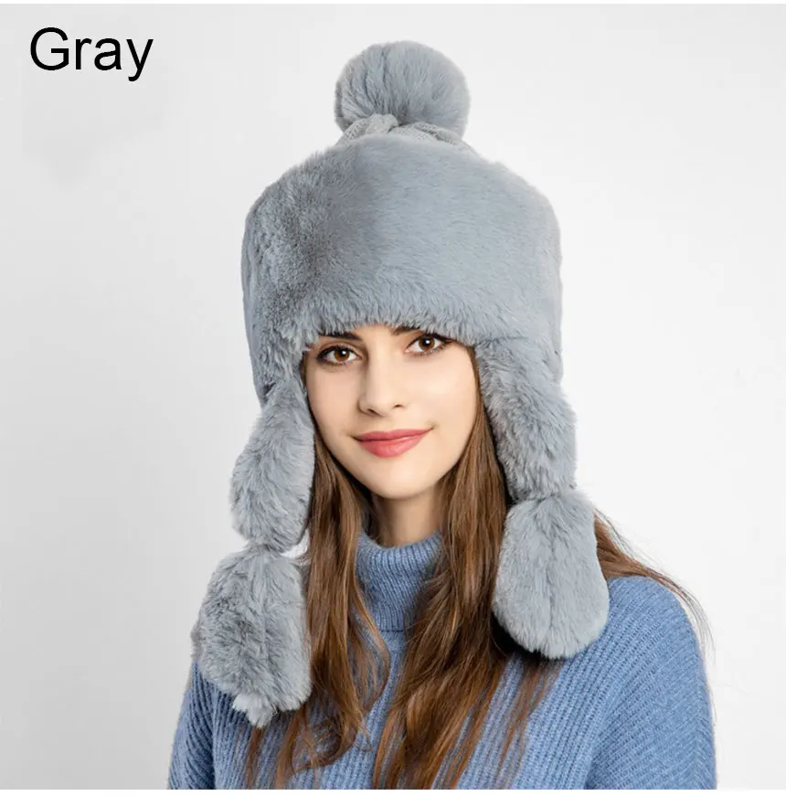 Женская шапка из искусственного меха,, высокое качество, зимние вязаные шапки для женщин, теплая хлопковая вязаная меховая шапка, шапка-ушанка с градиентом - Цвет: Gray