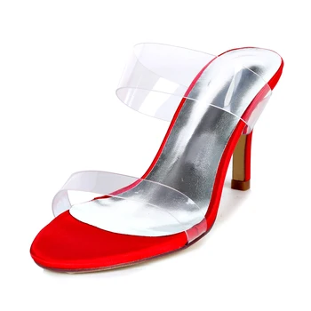 

See through clear PVC with satin women sandals lady high heels slippers fashion party prom dress shoes Stiletto summer fashion