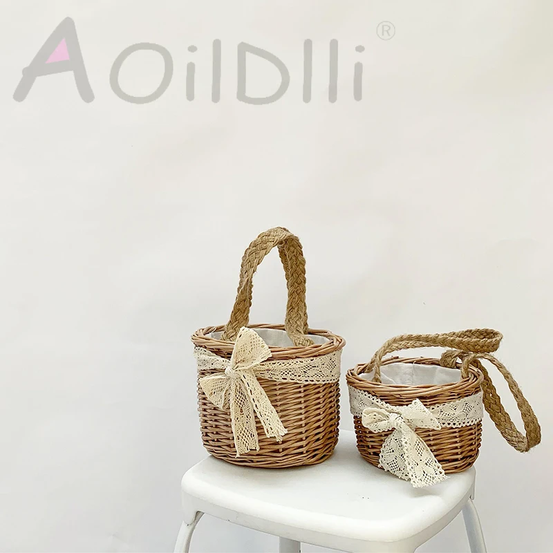 

New straw bag seaside holiday mini rattan bag small basket bucket bag portable beach bag summer