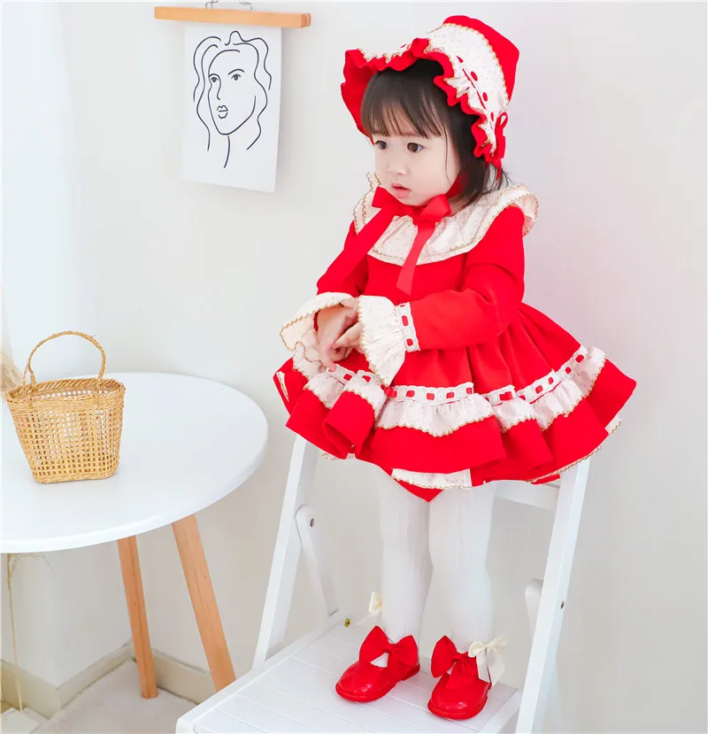 

3PCS Baby Girl Autumn Winter Spring Red Vintage Spanish Palace Lolita Princess Ball Gown Dress for Girl Birthday Party