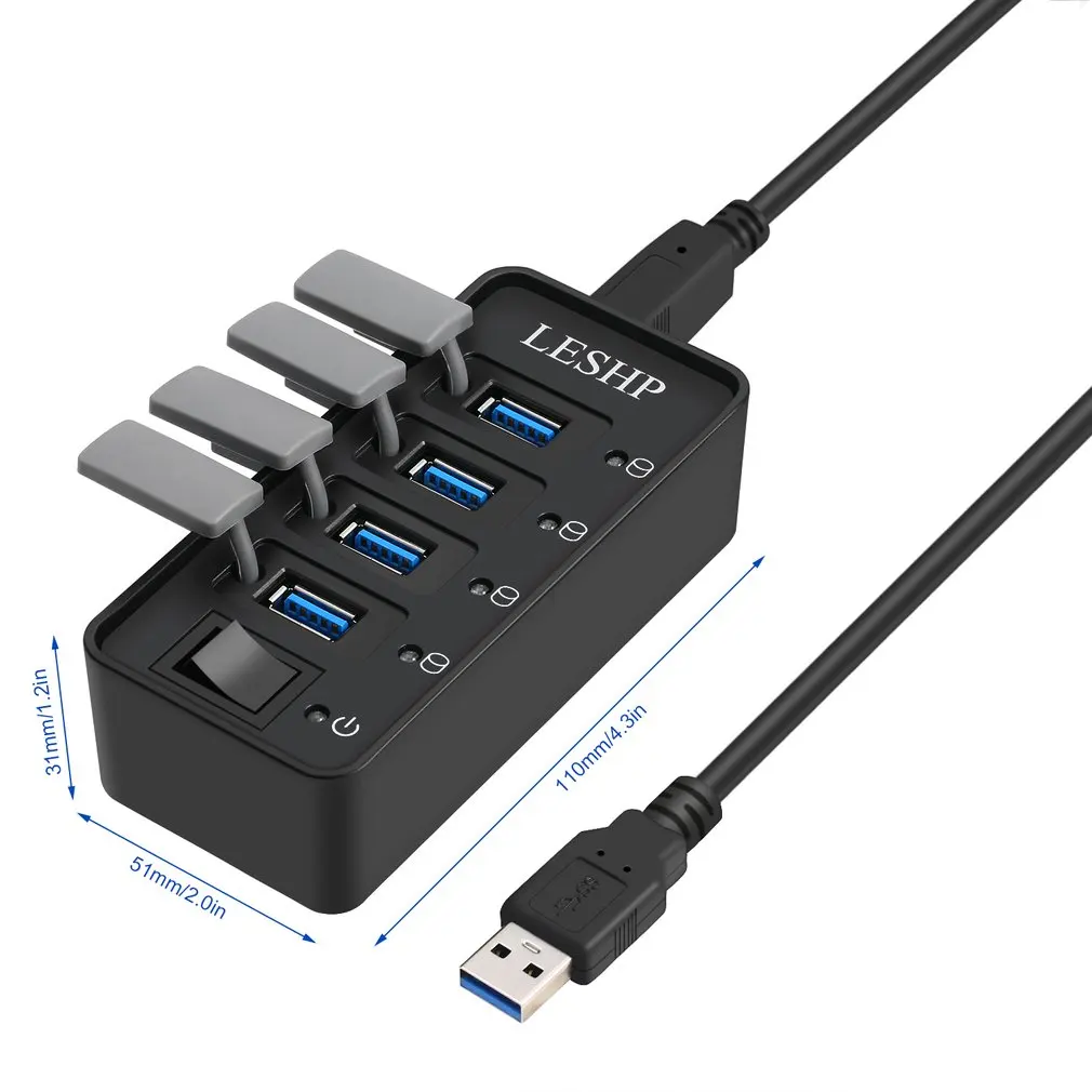 4 порта USB 3,0 концентратор Высокоскоростной 5 Гбит/с USB 3,0 концентратор данных разветвитель со светодиодами и переключателем внешний адаптер питания для ПК ноутбука
