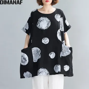 

DIMANAF Summer Plus Size Women T-Shirt Casual Loose Female Lady Tops Shirts Pockets Print Black Cotton Linen Oversize Clothing