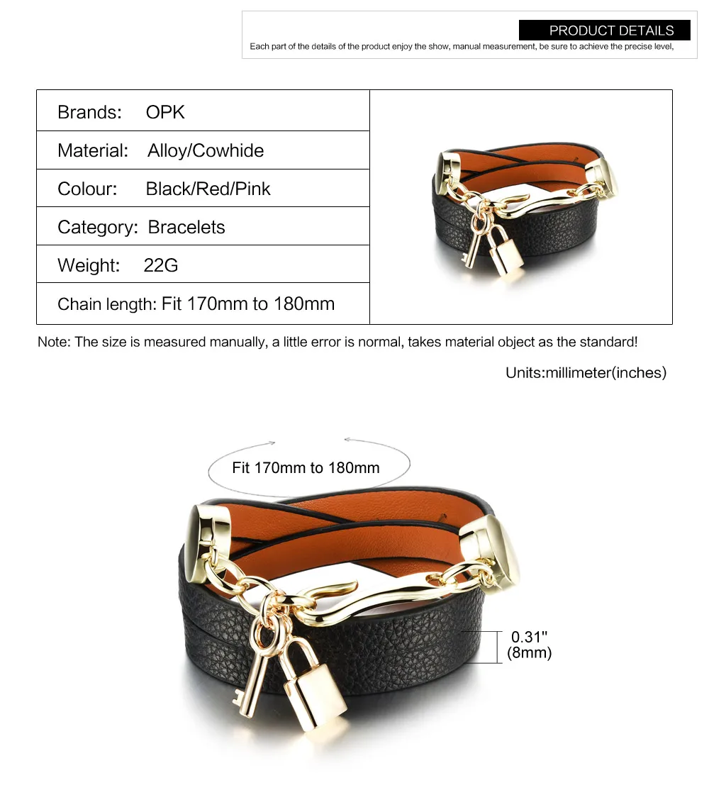 OPK кожа Braceket сплав/воловья Материал Многослойные замки кожаные Bracekets для женщин