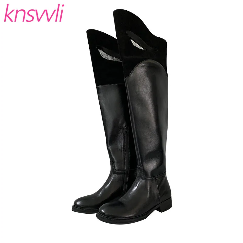 

Knsvvli New Flat Thigh High Boots Women Round Toe Black Genuine Leather Patchwork Knight Boots Hollow Out Over The Knee Boots