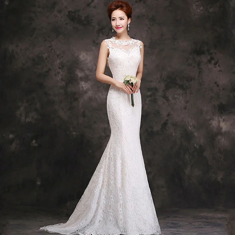 

Elegant White Wedding Dresses Long Mermaid 2020 o Neck Court Trian Lace Up Wedding Party Bride Dresses Bridal Gowns