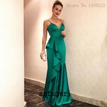 

Simple Green Mother Women Satin V Neck Ruffles Formal Evening Dresses Straps Long Arabic Special Occasion Robe De Soiree Plus