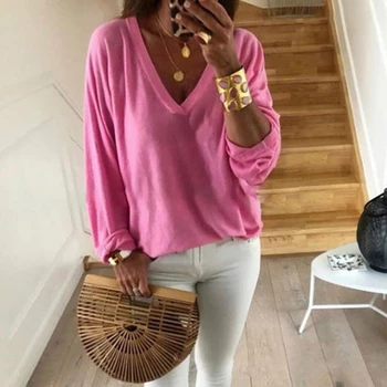 

GAOKE Women Sweater Autumn Tops Fashion Casual Loose Pullovers Sweater V-Neck Women's Sexy Tops 4 Colors Ladies Knitwear 2020